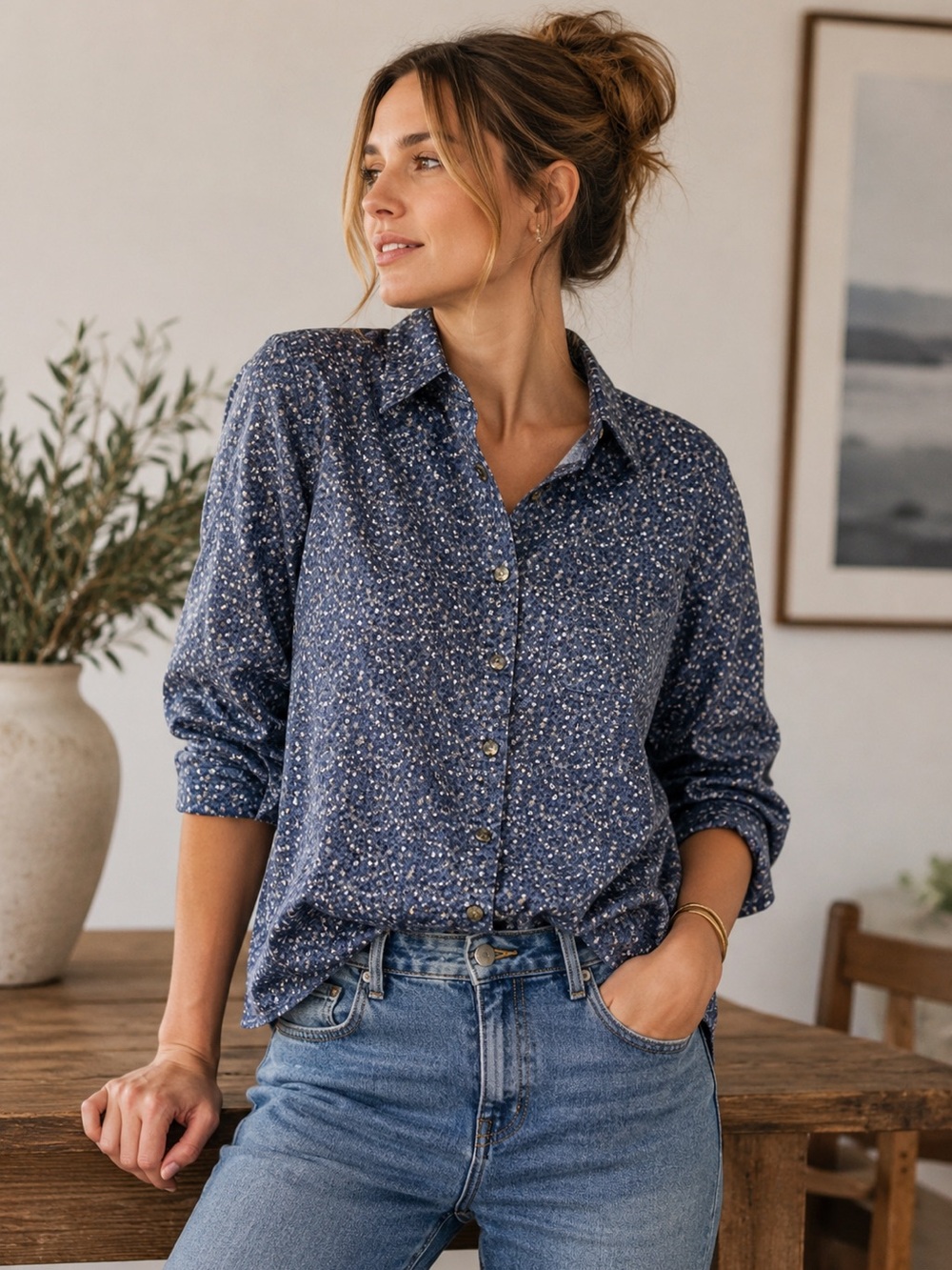 L.L. Bean Vintage Blue Micro Floral Long Sleeve Shirt 100% Cotton - Women's M